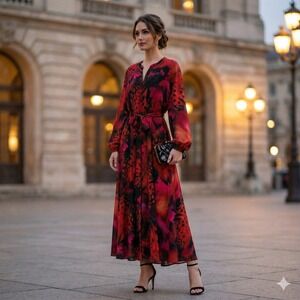 Premier Amour Red Abstract Butterfly Maxi Dress 2 Button Puffed Sleeve Pockets